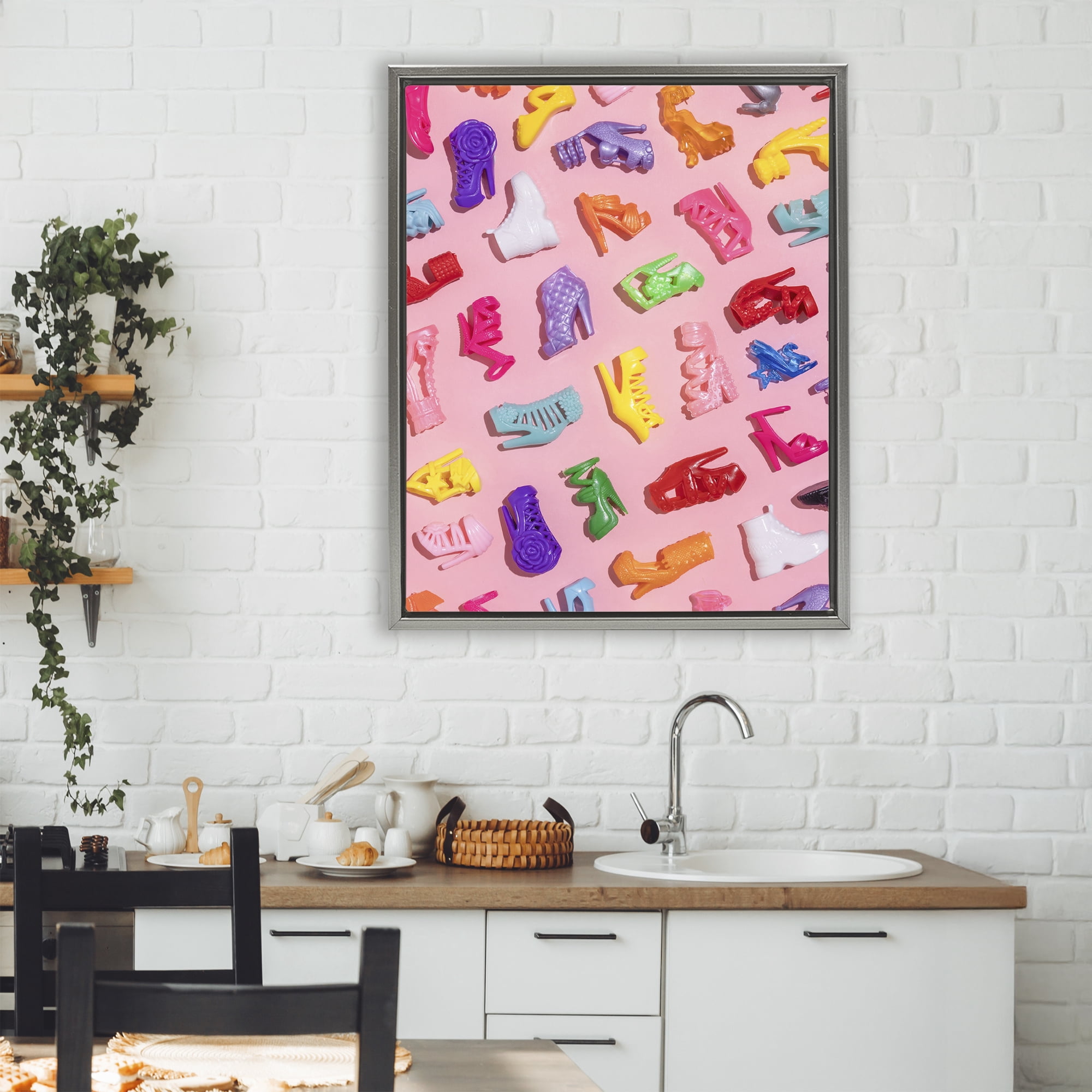 Stupell Industries Tiny Colorful Doll Shoes Gray Framed Floater Canvas Wall Art, design by LISH Creative