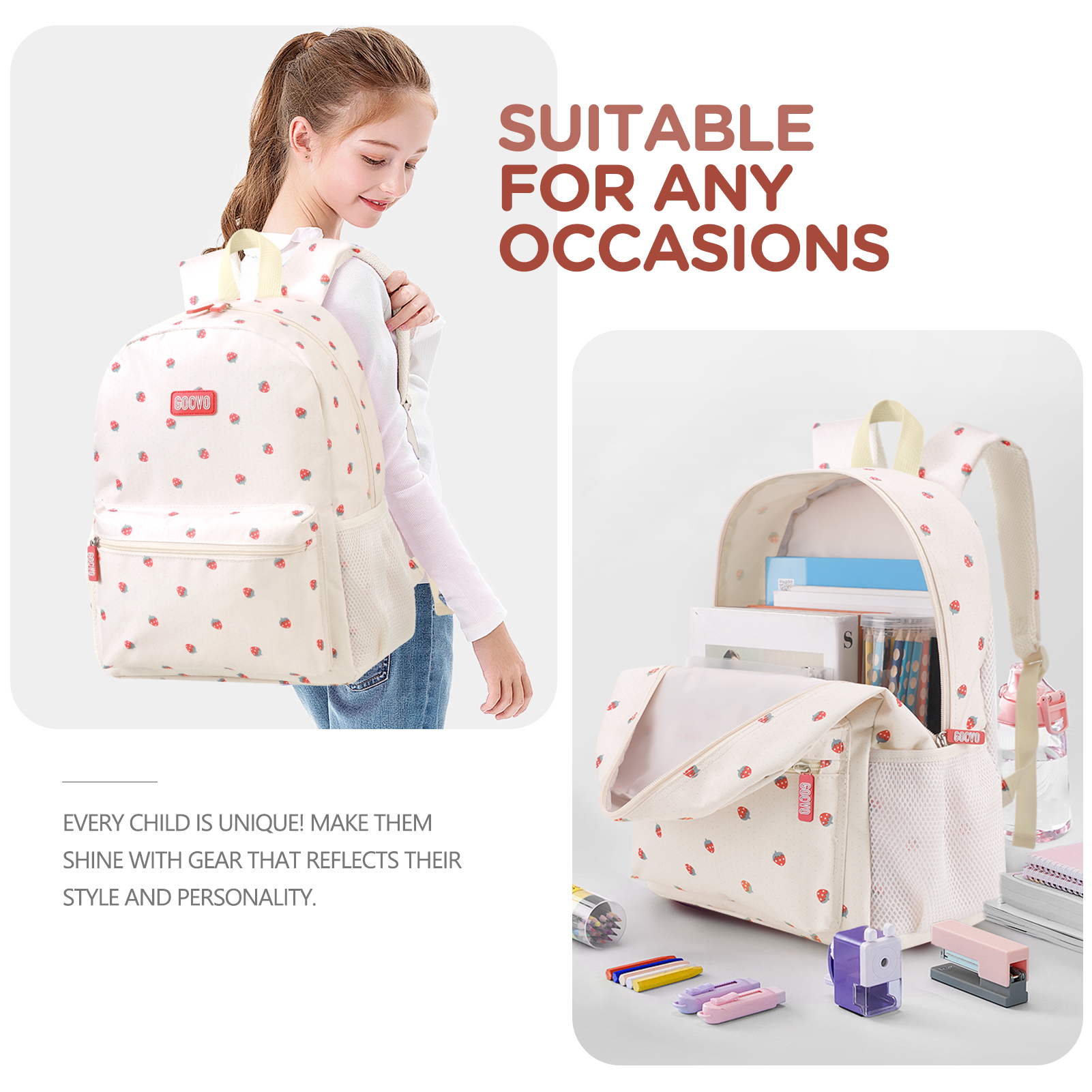 Mochila para niñas, impermeable para adolescentes, linda mochila escolar, estampado de fresa en beige 5