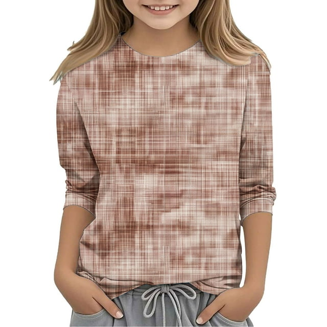 SERTG Hauts Mignons pour Enfant Printemps Automne Été Manches 3/4 Col Rond T-Shirt Mignon pour Sortir Mode Imprimé Manches Mi-Longues Tenues 3-12 Ans (Marron, 7 Ans)