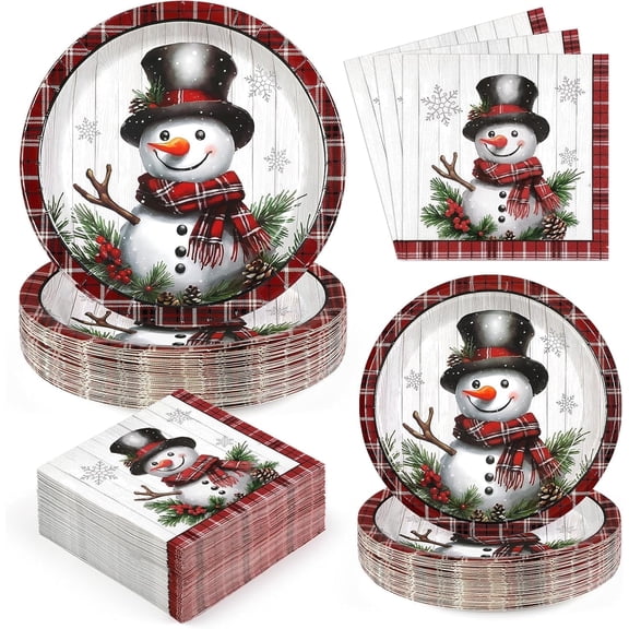 DAZLUTE 200 PCS Xmas Christmas Paper Plates and Napkins Serves 50 Guests, Christmas Snowman Disposable Dinnerware Set for Christmas Party Supplies