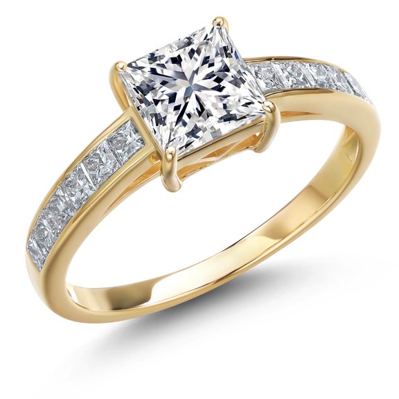 Gem Stone King 2.00 Cttw Princess Cut Lab Grown Diamond Engagement Ring for Women | 14K Yellow Gold | IGI Certified | Center Diamond 1.30 Ct | D-E Color | VS1-VS2 | Wedding Anniversary Ring | Size 5