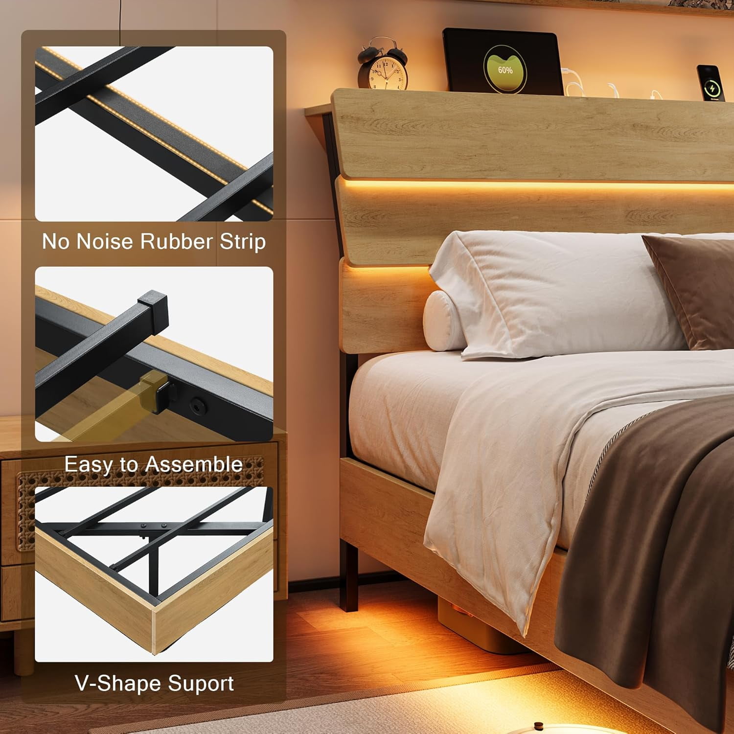 Feonase King Floating Bed Frame with LED Lights & Charging Station, Platform Bed with Wooden Storage Headboard, Steel Slats Support, No Box Spring Needed, Easy Assembly, Noise-Free,Oak