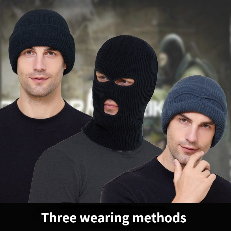 Men's 3 Hole Knit Ski Mask Balaclava – Full Face Beanie Cap Winter Gear (Black)