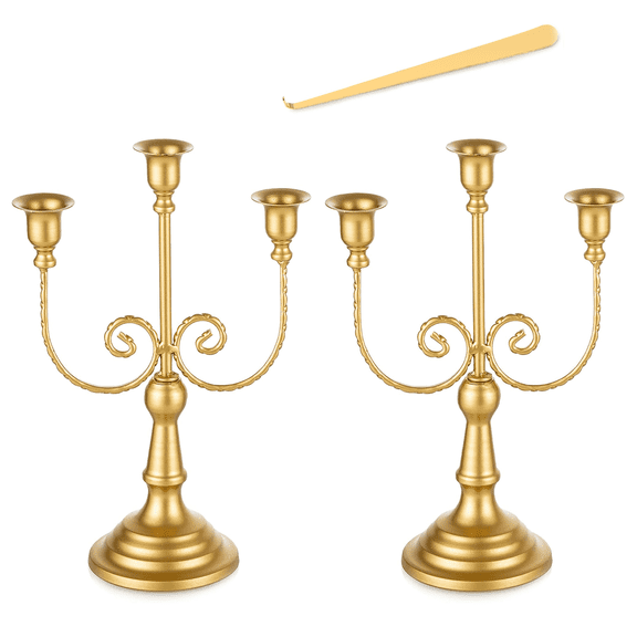 3 Arm Gold Candlestick Holder, 2 Pcs 11.8" Metal Gold Candelabra for Wedding Table Centerpiece, Christmas Party, Dining Room Decor, Includes Gold Candle-Hook