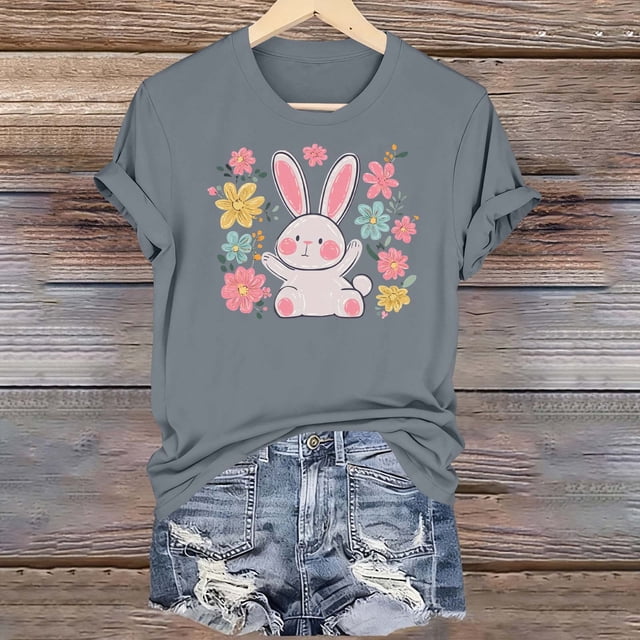 TaTaai Short Sleeve T Shirt for Women Easter Print Round Neck Casual Loose Fit Soft Stretchy Tee Cute Fashion Top for Spring Holiday Party Daily Casual Wear Gift