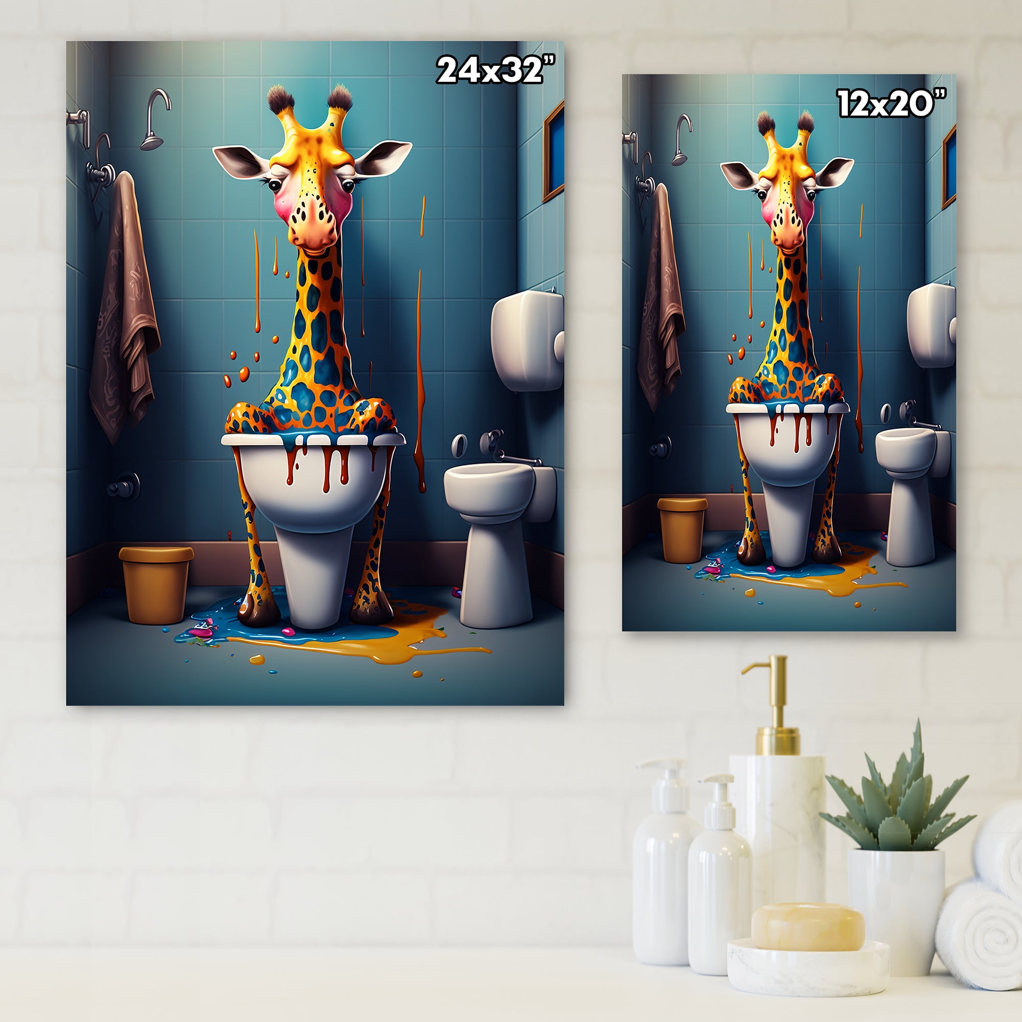 Designart Golden Giraffe Pushing A Mess II Canvas Wall Art