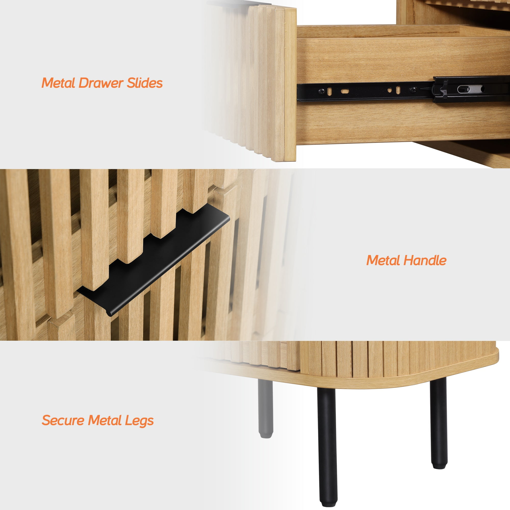 WAMPAT Fluted Nightstand with 2 Drawers, Wooden End Table, Modern Storage Bedside Table for Bedroom, Living Room, Oak