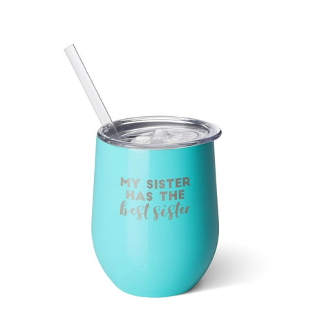 Swig Life Stainless Steel Insulated 12oz Stemless Wine Cup with Slider Lid and Straw - My Sister has the Best Sister