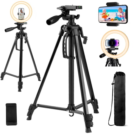 56" Tripod Stand, Portable Cellphone Tripod for iPhone Tablet, Camera Tripod with Travel Bag and Phone Holder, Black