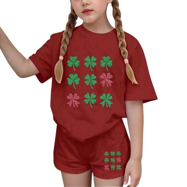 Vestido de Manga Corta para Niños Día de San Patricio Impreso Cuello Redondo de Dos Piezas con Pantalones Cortos, Cómoda Mezcla de Poliéster Spandex
