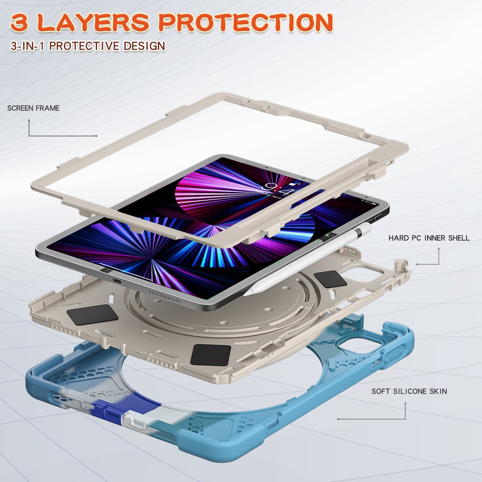 Shockproof Case for Apple iPad Air 11 M4 M3 M2 2026/2025/2024, Heavy Duty Protective Handle Kickstand Anti-Scratch Kids Friendly [Shoulder Strap] Pencil Holder Tablet Cover, Colorful Blue