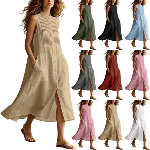 Bxsruta Womens Summer Dress Button Down Maxi Dress Pleated Casual Sundress for Women