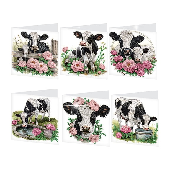 6pcs Diamond Painting Kit Greeting Cards, Cow 5D Handmade Art Birthday Holiday Gift Cards with Envelopes