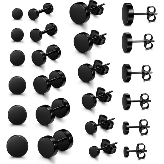 12Pairs Black Elegant Stud Earrings for Men Stainless Steel Hypoallergenic Black Mens Earrings 3mm-10mm[r142]