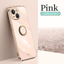 Electroplated Case for iPhone 14, Glossy Soft Silicone Shockproof Anti-Drop Lens Protection Cover with Ring Holder Kickstand Bracket Ultra Slim Case for iPhone 14,Pink
