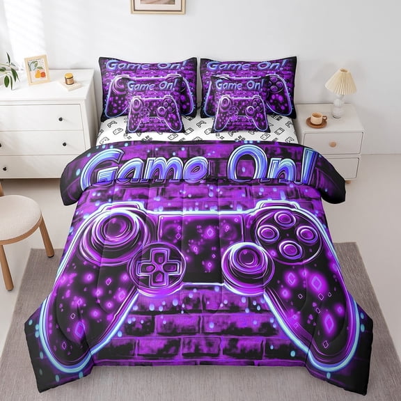 Gamepad Comforter Set Bed in a Bag 7 Pieces Full,Dreamy Purple Gaming Bedding Set, Men Home Video Game (Comforter Fitted Flat Sheet 2 Pillowcases 2 Throw Pillow Covers)