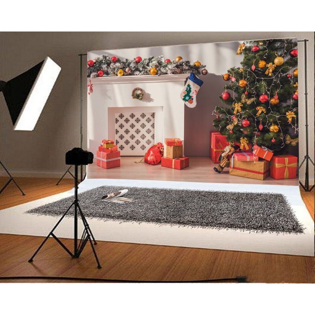 EREHome Polyester Fabric 7x5ft Christmas Photography Backdrop Tree Interior Decorations Gift Box Stocking Pine Branch Balls Fireplace Scene Photo Background Children Baby Adults Portraits Backdrop