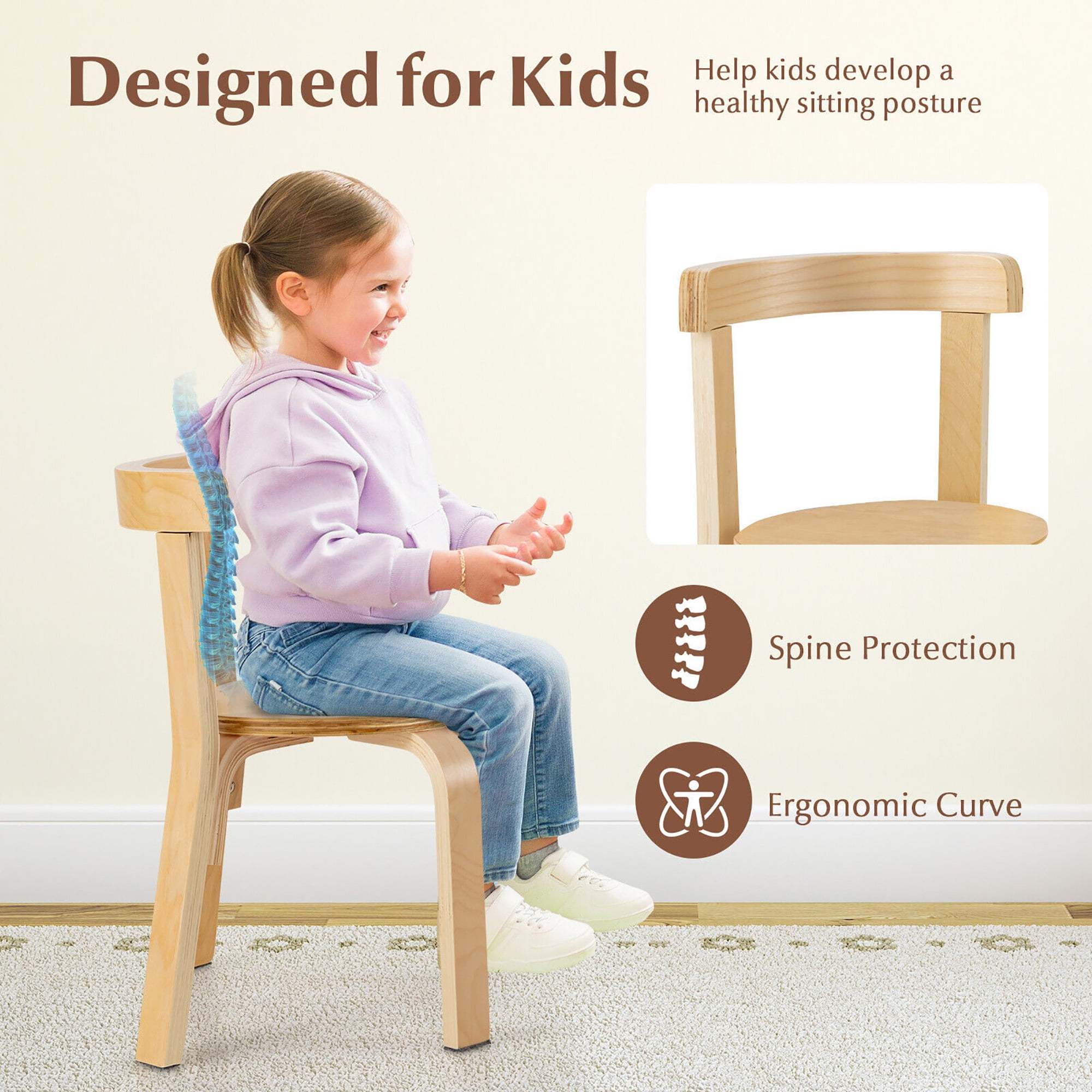 Gymax 5-Piece Kids Wooden Curved Back Activity Table & Chair Set w/Toy Bricks Natural