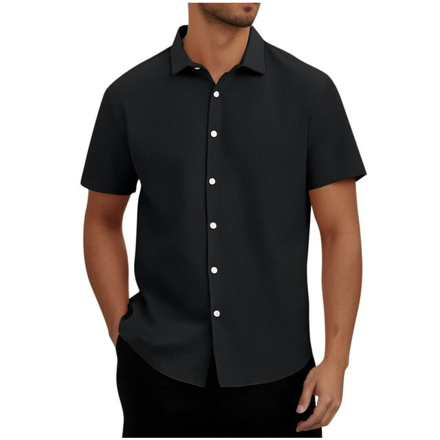 Playera Elvqul Hombre de Color Sólido Casuales Manga Corta Negro Abotonada con Solapa
