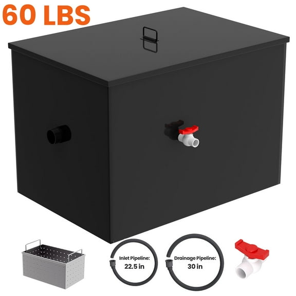 25 GPM Commercial Grease Trap, 60 LBS Under Sink Grease Interceptor, Triple-Layer 1.8MM Q235 Carbon Steel Side Inlet Interceptor, Black Waste Water Oil-Water Separator for Food Truck, Hotel, Kitchen