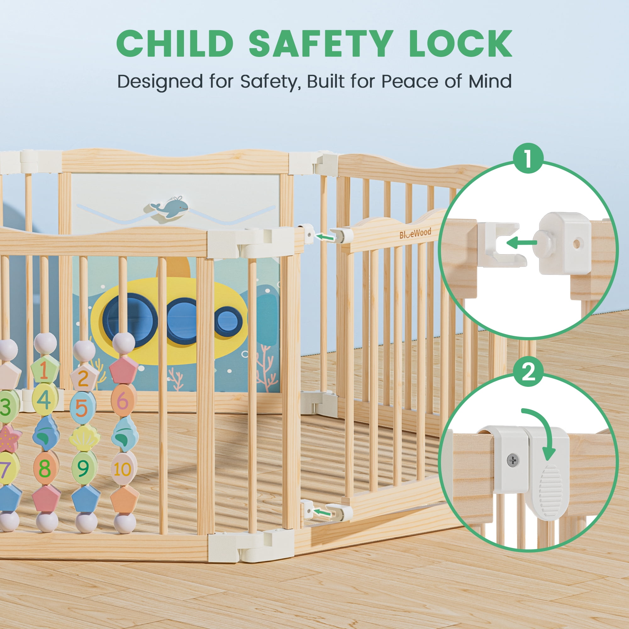 WoodTooy 8-Panel Solid Pine Wood Kids Safety Play Fence Set , Easy Assembly for Indoor Play Areas