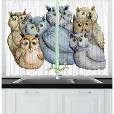 Owl Curtains 2 Panels Set, Watercolor Hand Drawn Cute Owl Family Portrait Artistic Vintage Bohemian Wildlife Birds, Window Drapes for Living Room Bedroom, 55W X 39L Inches, Multicolor, by