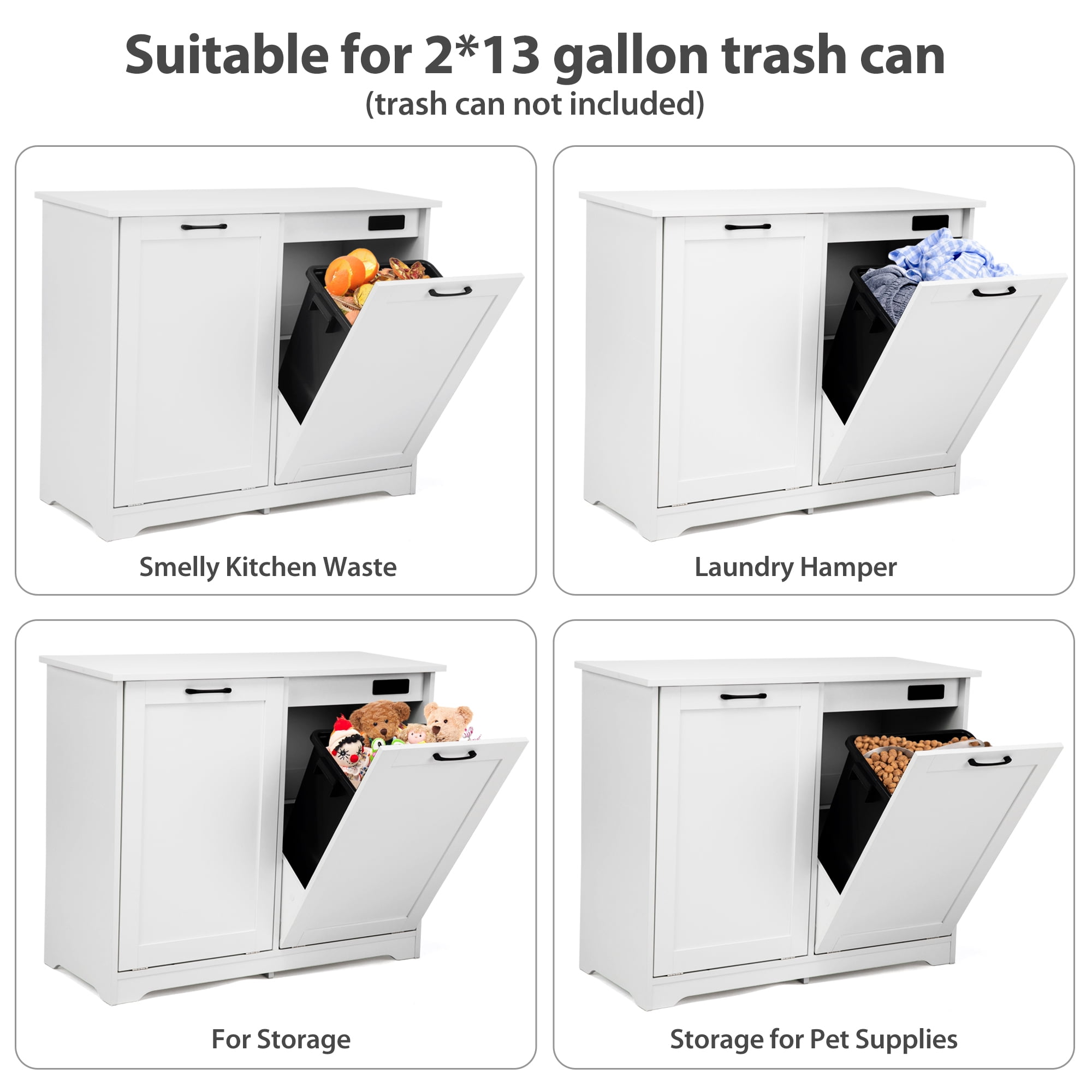 Jaxpety Double Tilt Out Trash Can Cabinet with Deodorizing Function, 20 Gallon Wooden Kitchen Garbage Can Freestanding Holder, White