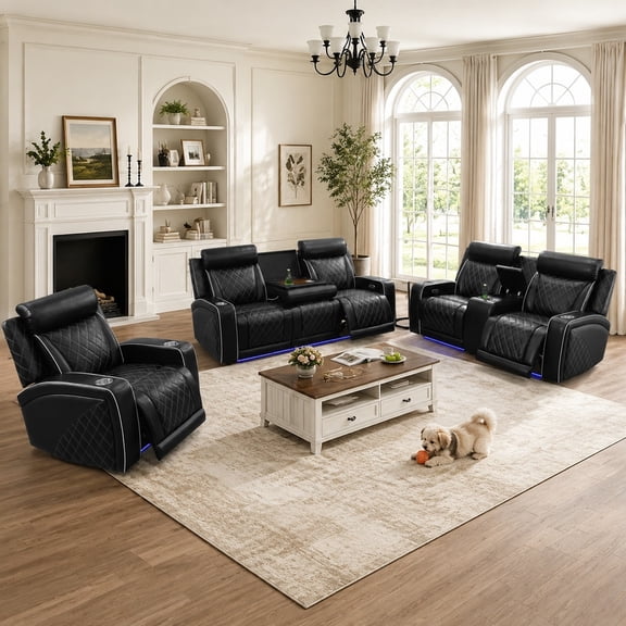Breathing Leather Power Recliner Sofa Set, Living Room Furniture 3 Piece, Leather Couch Set 3 Seat Reclining Sofa Loveseat and Chair with LED/Cup Holders/Storage for Home Theater (Black)