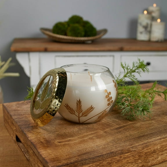 Melrose Frosted Juniper Scented Soy Wax Christmas Candle with Glass Holder - 5" - White and Gold