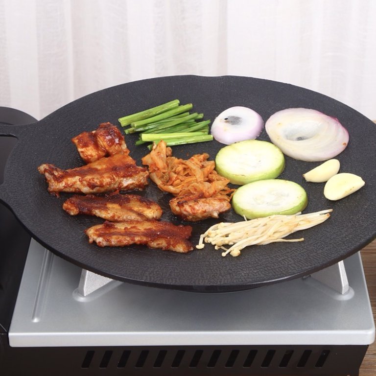 Korean Grill Pan with Non Stick 6 Layer Coating for Gas Cooker Round Double  Handle BBQ Griddle for Outdoor Camping 