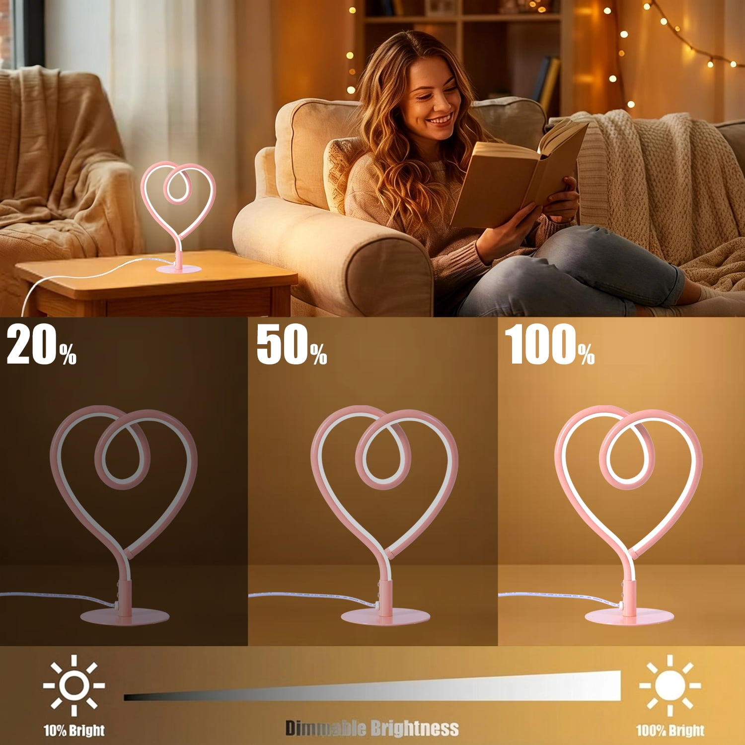 Sunnyin LED Lights Pink Table Lamp Heart Shape 3CCT USB Adapter Night Light