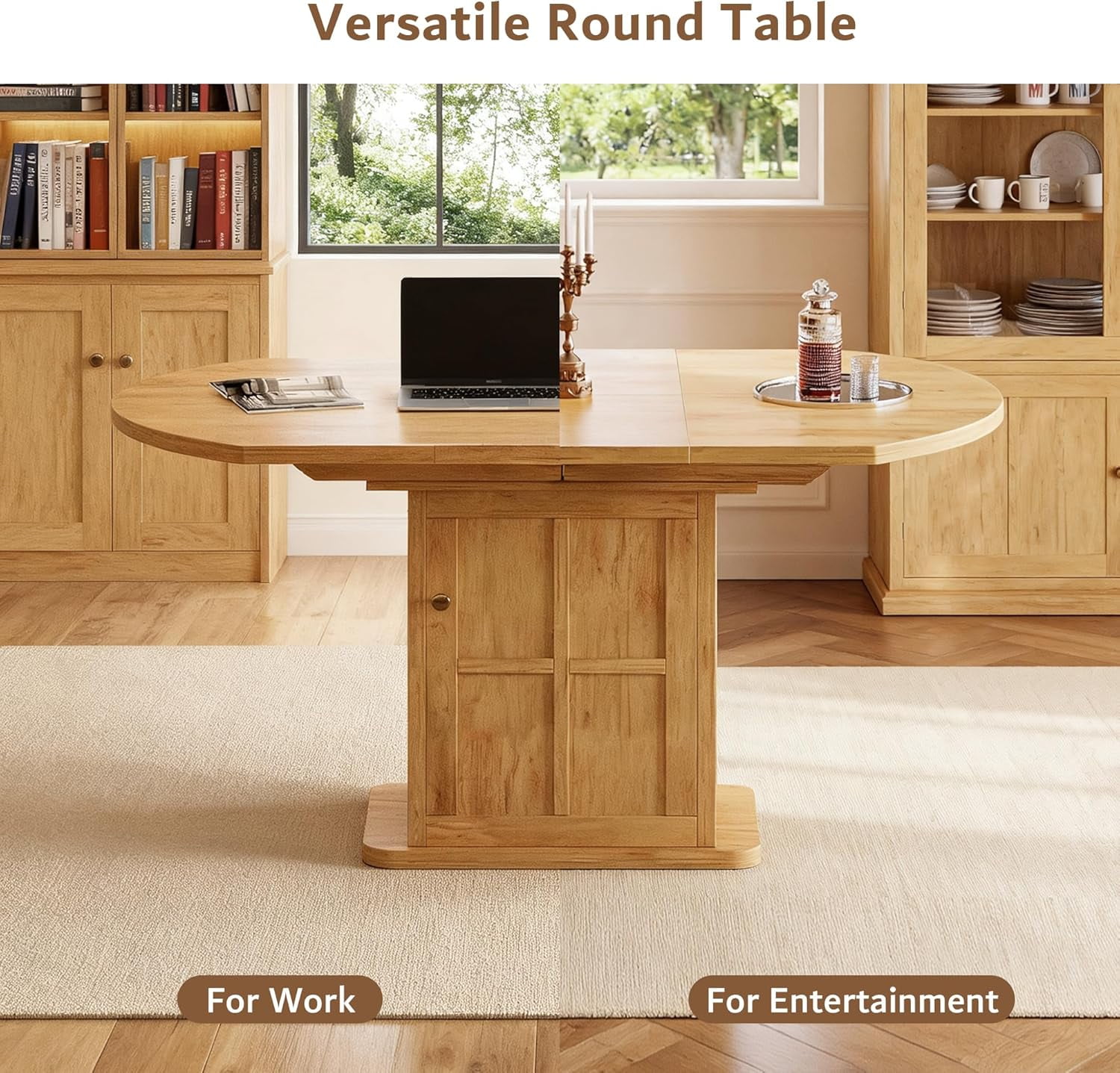 iPormis Extendable Round Dining Table for 4-6, 59'' Modern Kitchen Table with 2-Tier Storage Shelf, Wood Door, MDF Board, Space Saving Oval Dinner with Sturdy Pedestal Base, Kitchen, Dining,Oak