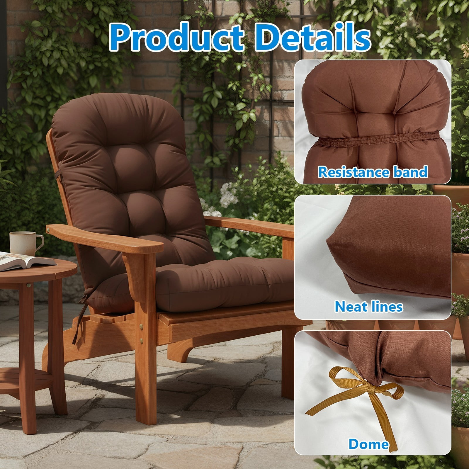 TOPCHANCES Outdoor Adirondack Chair Cushion with Ties, Water-Resistant Oxford Fabric High Back Rocking Chair Cushions (Brown)