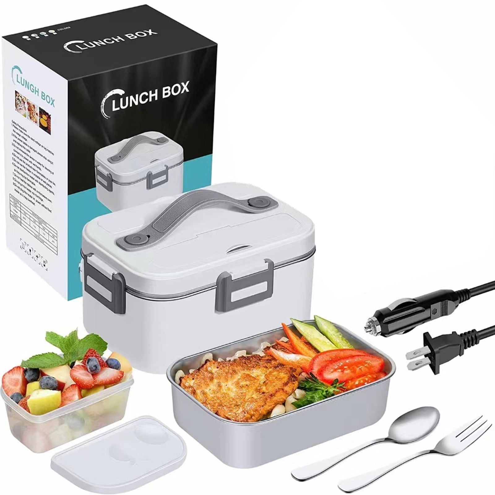 Tuphregyow Electric Lunch Box, 80w 1.8L Heated Lunch Box For Truck/Car/Office/Home/Work, 12/24/110v 3 In 1 Portable Food Warmer Lunch Box With Fork & Spoon White