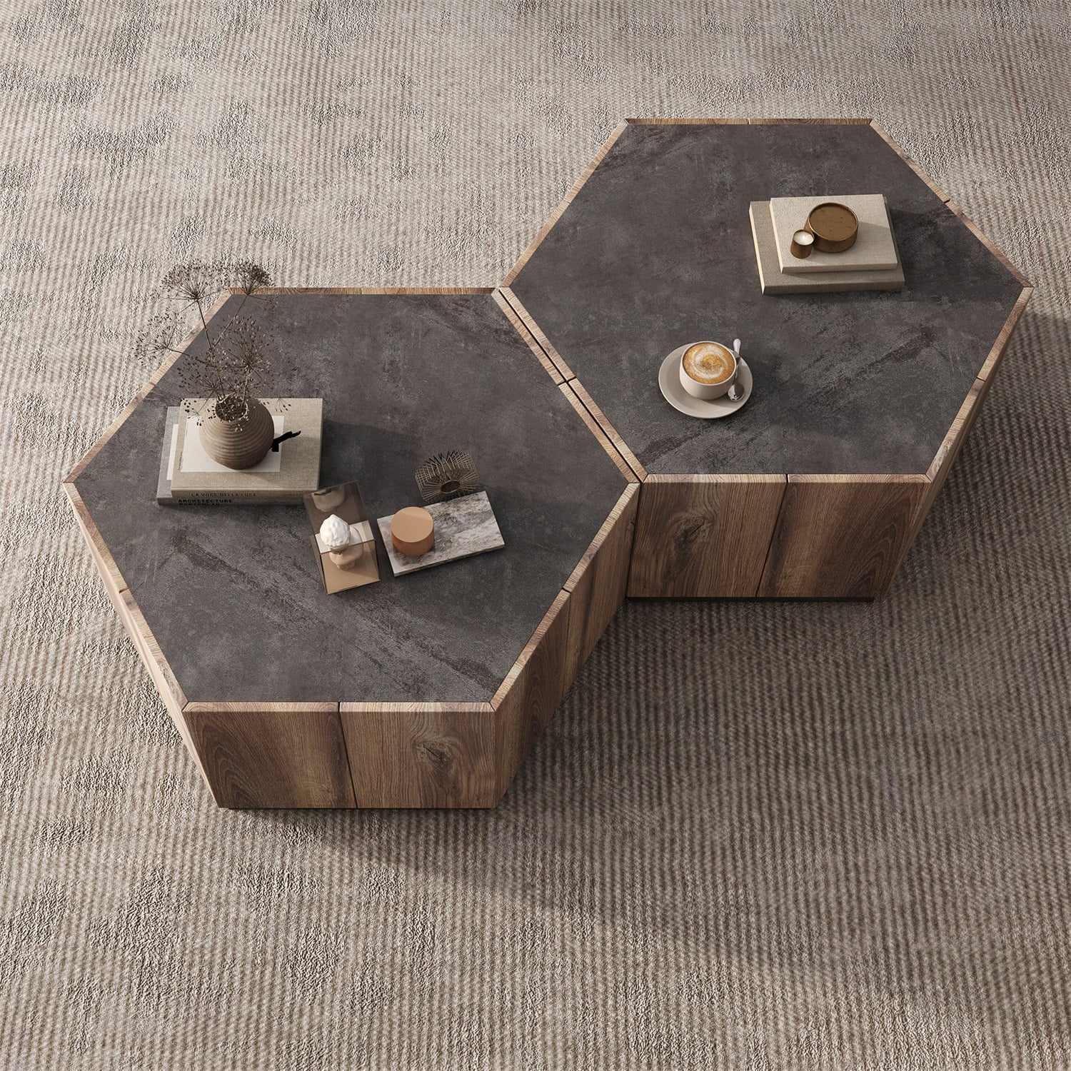 Kadyn Hexagonal Rural Style Retro Coffee Table, Particle Board Coffee Table for Living Room, Modern Particle Board Sofa Side Table with 2 Drawers, Light Brown Kadyn Hexagonal Rural Style Retro Coffee Table, Particle Board Coffee Table for Living Room, Modern Particle Board Sofa Side Table with 2 Drawers, Light Brown