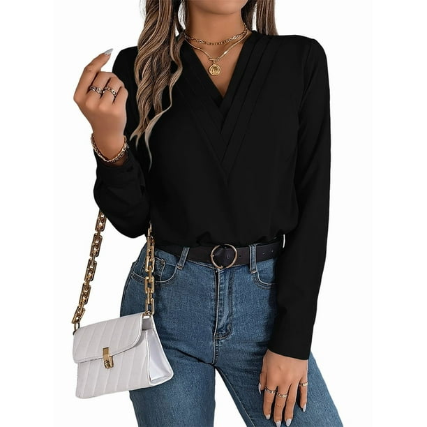 Blusa Plisada de Larga con Cuello en V para Mujer, Ideal para Oficina Negro L
