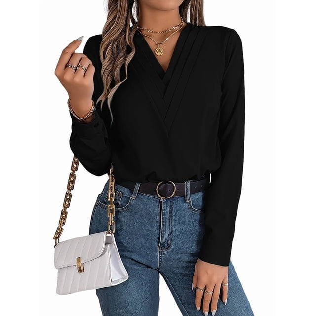 Blusa Plisada de Larga con Cuello en V para Mujer, Ideal para Oficina Negro S