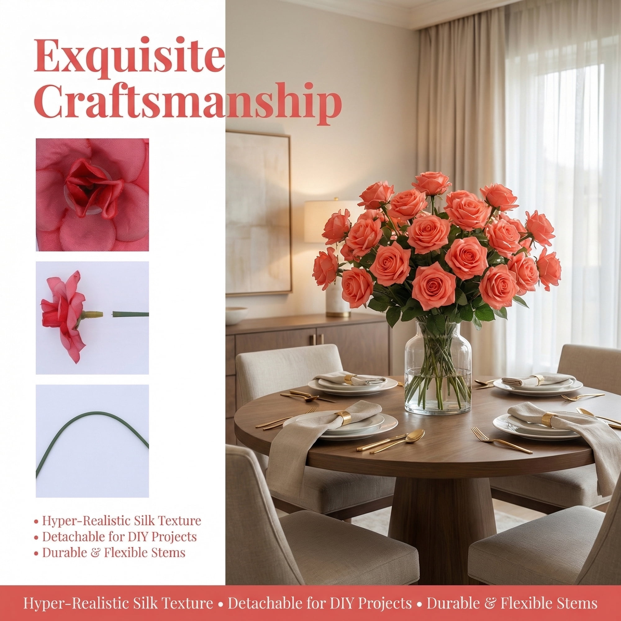 Unique Bargains Artificial Roses Bouquet Silk Rose with Detachable Flower [Red]