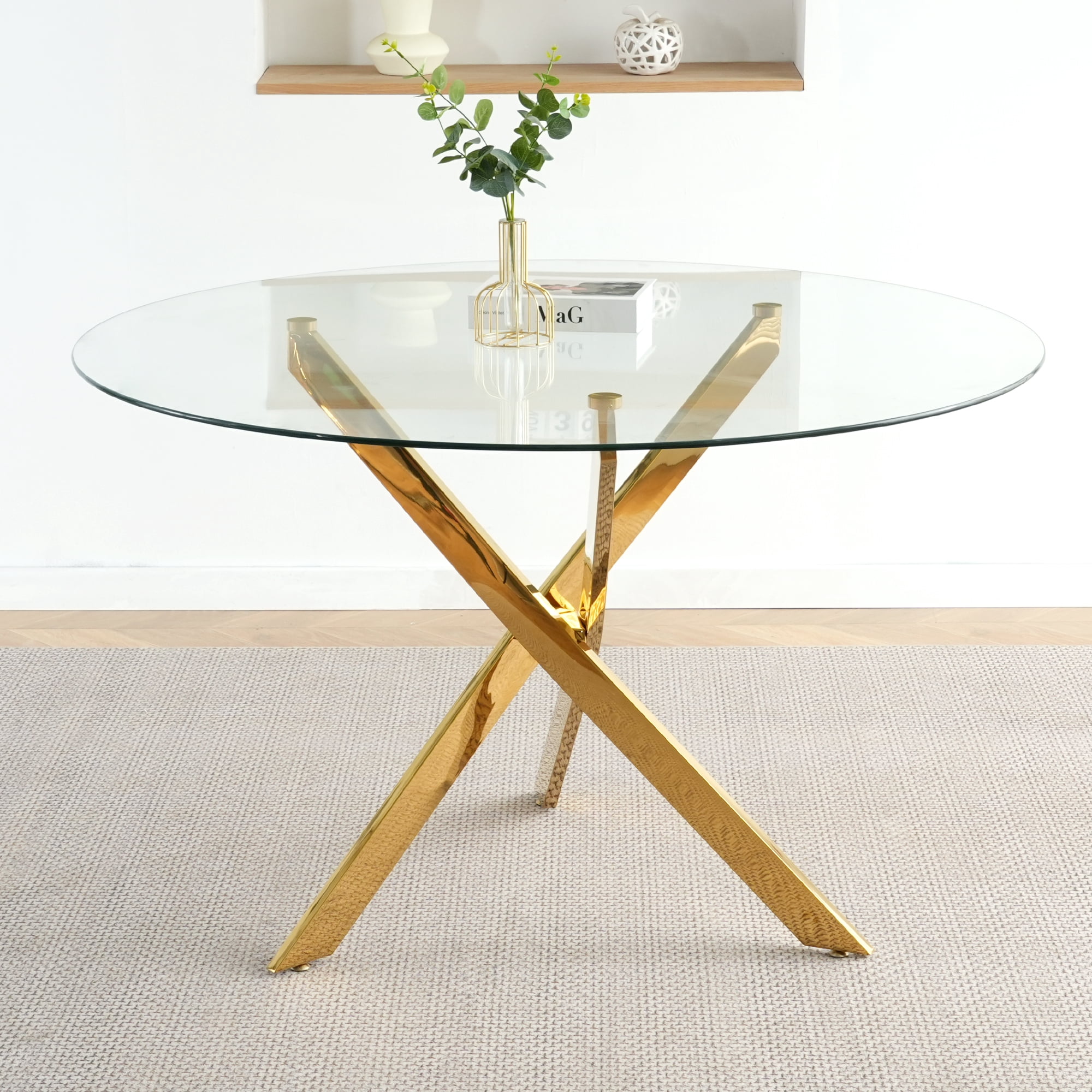 47" Modern Round Glass Dining Table with Golden Base