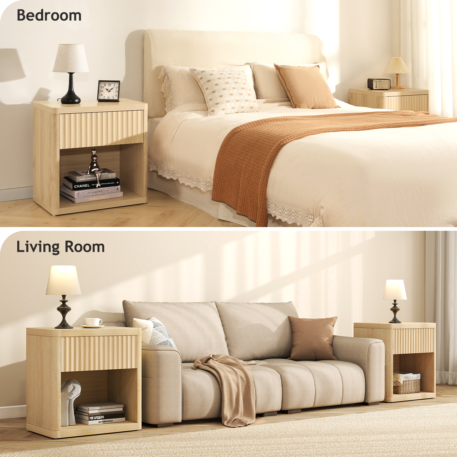 Fluted Nightstand with Drawer, Bedside Tables with Open Storage, Large Wood Night Stand for Bedroom Living Room, Natural