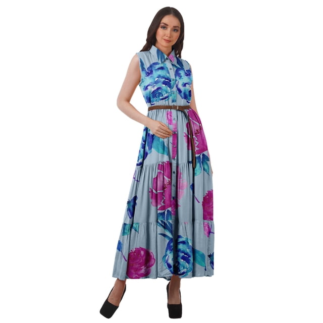 Moomaya Robe Chemise Longue Femmes Imprimée Sans Manches Robe d'Été Chemise à Boutons