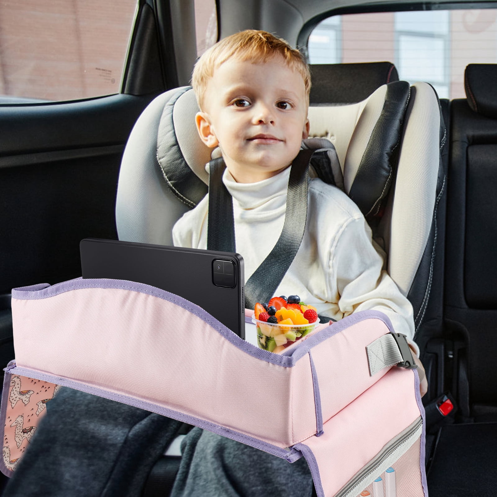 Carseat Table Tray for Kids Polyester Made Portable Drawing Board with Padded Shoulder Strap for Road Trip Activities