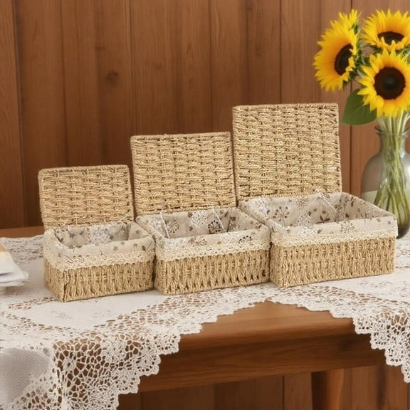 TEAFIRST Set of 3 Wicker Baskets for Storage, Organization Storage Bins with Lid for Bedroom