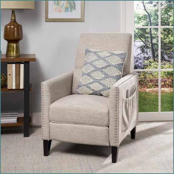 Recliners: Pushback Mid Century Accent Chair with Side Pocket & Nailhead Trim | Fabric | Light Grey