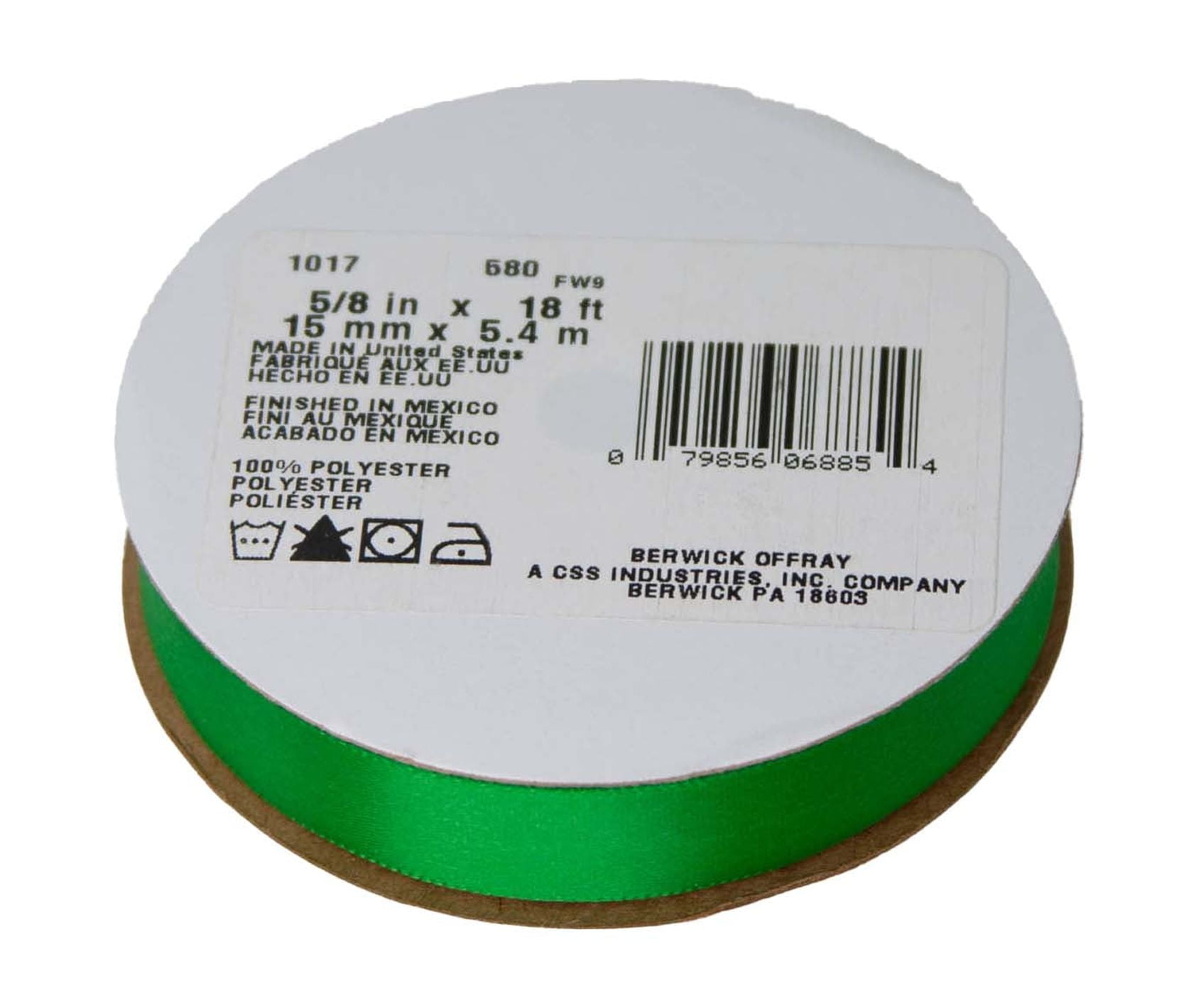 Offray Ribbon, Emerald Green 5/8 inch Single Face Satin Polyester Ribbon, 18 feet