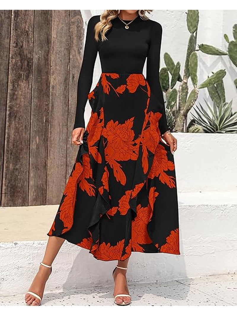 FreshPretty Womens Floral Maxi Dress Spring Summer Casual Crewneck Long  Sleeve Ruffle Flowy Cocktail Wedding Guest Dresses - Walmart.com