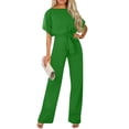 thumbnail image 3 of Huankd Womens Summer Casual Short Sleeve Pants Suit Beach Vacation Romper Belted Dressy Wedding Guest Jumpsuit Jumper Green 2XL, 3 of 5