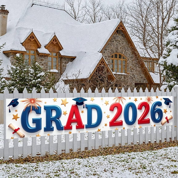 Blue Red Theme Grad 2026 Banner Gold Stars Graduation Display Graduation Cap Diploma Scroll Grad Ceremony Backdrop for Graduation Ceremony Class of 2026 Grad Party
