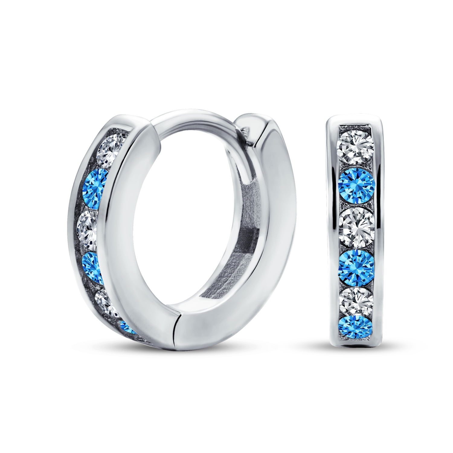 Beautiful Sterling Silver Polished Blue and White CZ Hinged Hoop Earrings