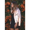thumbnail image 5 of Noora New Women's Lambskin Rose Gold  Leather Belted Biker Jacket With Black Zipper & Snap | Shiny Leather Jacket  SU0852, 5 of 11